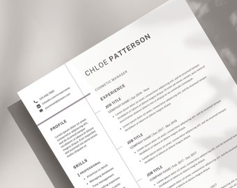May include: A black and white resume with the name Chloe Patterson at the top. The resume lists her job title as Cosmetic Manager and includes her work experience, skills, and contact information.