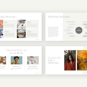 May include: Four slides from a marketing presentation. The first slide has the title "Marketing Strategies" and shows three images: a pink flower, a person typing on a laptop, and a wooden circle with a reflection of a tree. The second slide has the title "Marketing Strategies" and shows a mind map with the words "Traditional Marketing", "New Innovations", and "Alternative Marketing". The third slide has the title "Our New Voice on Social Media" and shows three images: a corkboard with a laptop, a person wearing sunglasses, and a white ceramic vase. The fourth slide has the title "Teaser for Video Marketing" and shows two images: a person wearing a red jacket and a yellow and orange abstract image.