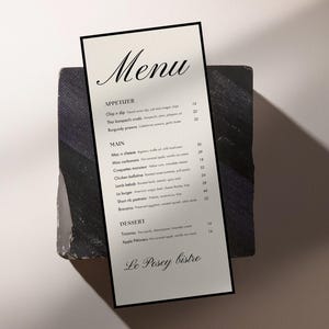CANVA / Plantilla de menú elegante en blanco y negro, editable e imprimible, para bodas, para eventos, 10 x 23 cm y 10 x 20 cm, descarga instantánea