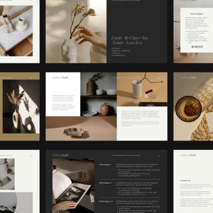 Puede incluir: Un folleto para La Prey Studio, un estudio de fotografía especializado en fotografía de productos y estilo de vida. El folleto presenta imágenes de varios productos, incluyendo cerámica, plantas y libros, con una estética minimalista. El texto del folleto incluye el nombre del estudio, la información de contacto y los precios de los diferentes paquetes de fotografía.