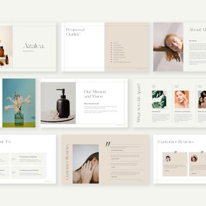 May include: A presentation for a beauty brand called Azalea. The presentation includes information about the brand's mission, vision, and what sets it apart from the competition. It also includes customer reviews and a proposal outline.