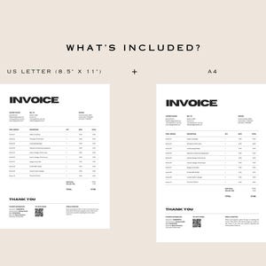 May include: Two white invoice templates, one US Letter size (8.5" x 11") and one A4 size, are displayed against a neutral background. The word "INVOICE" is prominently featured at the top of each document. The phrase "WHAT'S INCLUDED?" is at the top.