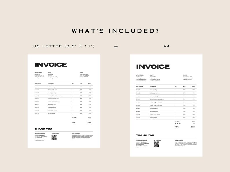 May include: Two white invoice templates, one US Letter size (8.5" x 11") and one A4 size, are displayed against a neutral background. The word "INVOICE" is prominently featured at the top of each document. The phrase "WHAT'S INCLUDED?" is at the top.