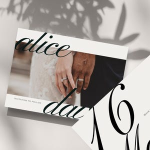 May include: Wedding invitation cards with the names "Alice" and "Dave" in elegant script. The cards feature a photo of two hands, one fair and one dark, with wedding rings. The words "Invitation to follow" and "Save the date" are also visible.