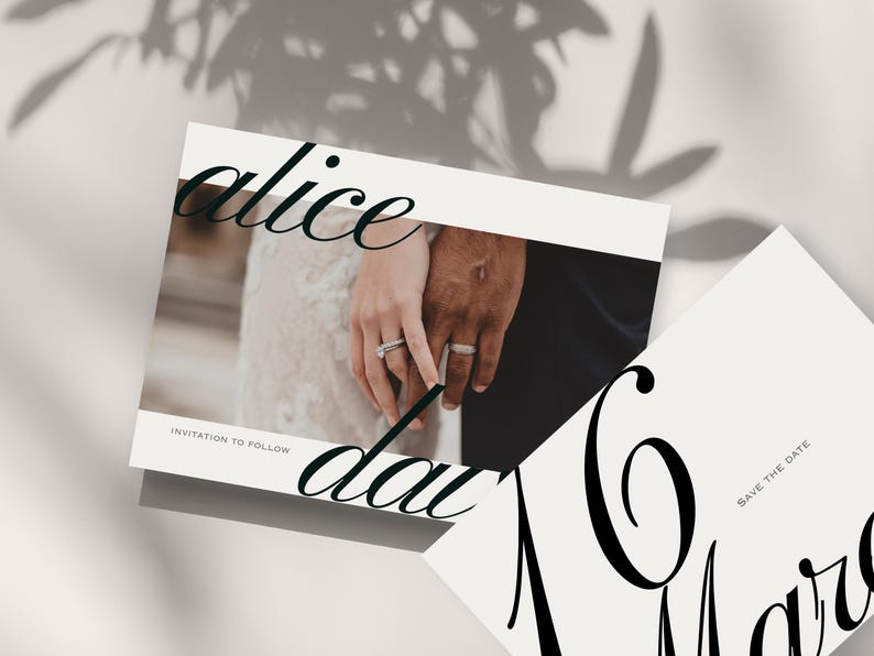 May include: Wedding invitation cards with the names "Alice" and "Dave" in elegant script. The cards feature a photo of two hands, one fair and one dark, with wedding rings. The words "Invitation to follow" and "Save the date" are also visible.