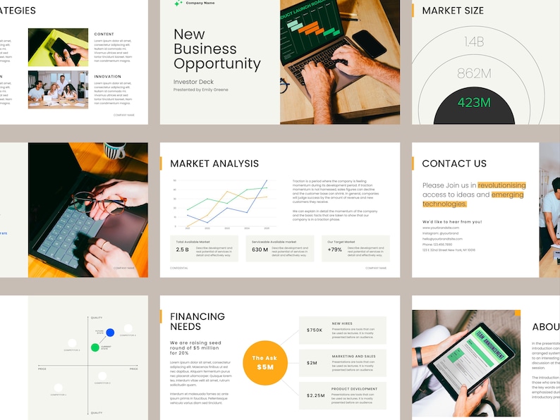May include: A presentation slide deck with a yellow and orange color scheme. The title slide reads "New Business Opportunity" and "Investor Deck". The slide deck includes a market analysis graph, a market size chart, a contact us section, and a financing needs section.