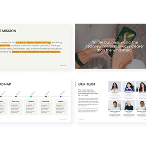 May include: A presentation slide with the title "Our Mission" and a description of the company's mission. The slide also includes a roadmap with five steps: Adopt, Evaluate, Launch, Monitor, and Iterate. The next slide shows a team of people with their names and titles. The final slide has a quote about the business world and a picture of a hand holding a smartphone.
