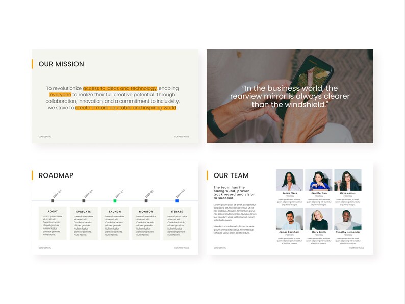 May include: A presentation slide with the title "Our Mission" and a description of the company's mission. The slide also includes a roadmap with five steps: Adopt, Evaluate, Launch, Monitor, and Iterate. The next slide shows a team of people with their names and titles. The final slide has a quote about the business world and a picture of a hand holding a smartphone.