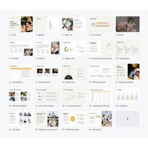 May include: A visual guide to a new business opportunity, with a yellow and white color scheme. The guide includes sections on the cover, agenda, about us, our mission, quote, problem, solution, target users, competitive positioning, competitors, market trend, market size, market analysis, market validation, market strategies, let's talk numbers, projected profit/loss, roadmap, our team, what we can achieve, financing needs, and contact us.