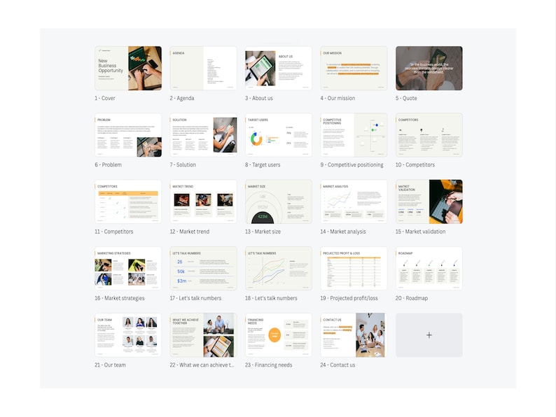 May include: A visual guide to a new business opportunity, with a yellow and white color scheme. The guide includes sections on the cover, agenda, about us, our mission, quote, problem, solution, target users, competitive positioning, competitors, market trend, market size, market analysis, market validation, market strategies, let's talk numbers, projected profit/loss, roadmap, our team, what we can achieve, financing needs, and contact us.