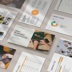 May include: A business pitch deck with a beige background and black text. The deck includes sections for marketing strategies, financing needs, target users, and contact information. The deck also includes a chart showing the percentage of target users by age group.