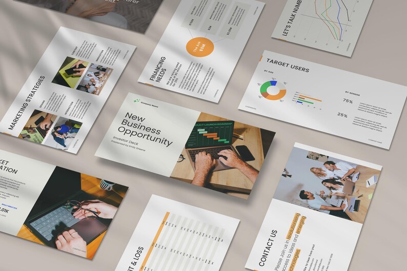 May include: A business pitch deck with a beige background and black text. The deck includes sections for marketing strategies, financing needs, target users, and contact information. The deck also includes a chart showing the percentage of target users by age group.