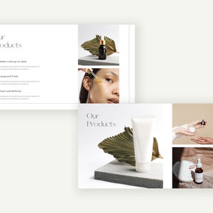 May include: A brochure featuring the text "Our Products" and showcasing images of skincare products, including a bottle of serum, a tube of cream, and a jar of face mask. The brochure emphasises the products' modern, fresh, and refined attributes.