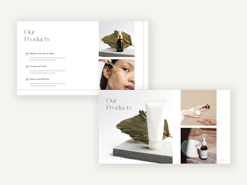 May include: A brochure featuring the text "Our Products" and showcasing images of skincare products, including a bottle of serum, a tube of cream, and a jar of face mask. The brochure emphasises the products' modern, fresh, and refined attributes.