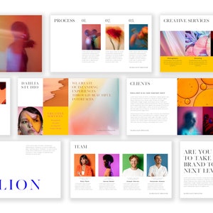 Peut inclure: Un diaporama de présentation pour Dahlia Studio, une agence créative. Le diaporama présente une variété d'images, notamment des motifs abstraits, des fleurs et des personnes. Le texte sur les diapositives comprend le nom de l'entreprise, les services proposés et les membres de l'équipe. Le diaporama est conçu pour mettre en valeur les capacités créatives de l'agence et attirer des clients potentiels.