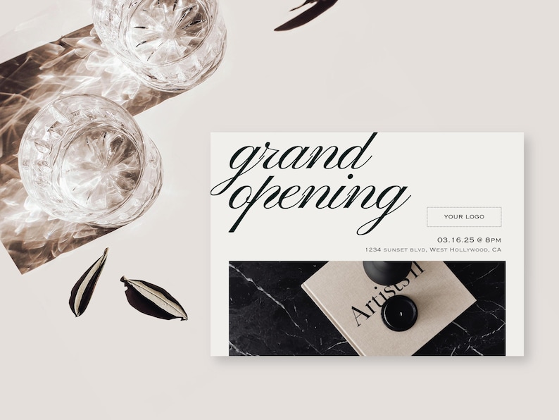 May include: An image promoting a grand opening, featuring elegant script. Two crystal glasses, decorative leaves, and a book with the word "Artists" are visible. The date and time are also displayed on the promotional material.