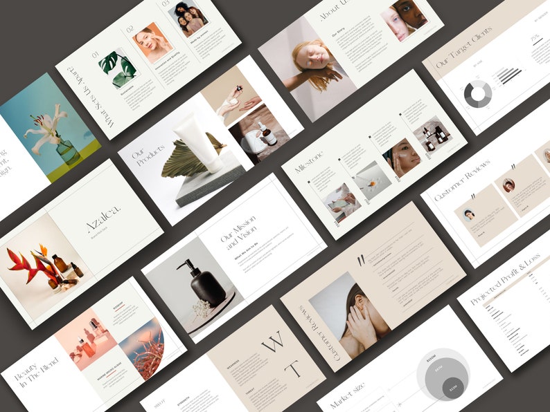 May include: A presentation for a beauty brand called Azalea. The presentation includes images of products, customer reviews, and market data. The brand's mission and vision are also highlighted.