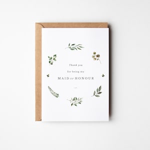 Maid of Honour Card Thank You Gift Card For A Maid Of Honour Thank You Card, Greenery, Botanical, Garden Wedding Blank, A6 Size, Folded.