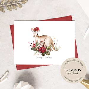 Australian Christmas Kangaroo & Joey Card Pack, Kangaroo Christmas Cards, Pack of 8 Cards, Blank Inside, Folded Card. Premium Quality.