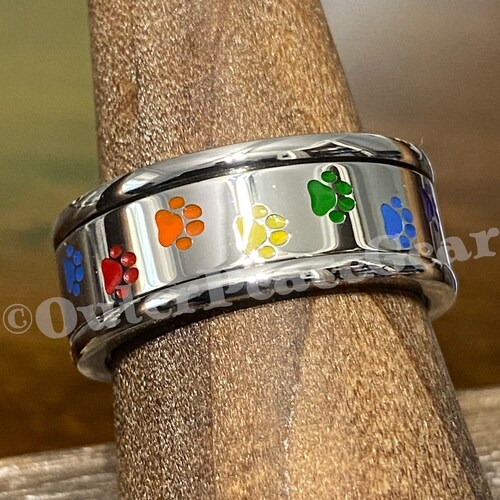 Black & Rainbow Celtic Spinner Ring - Stainless Steel Meditation Worry Wedding Band