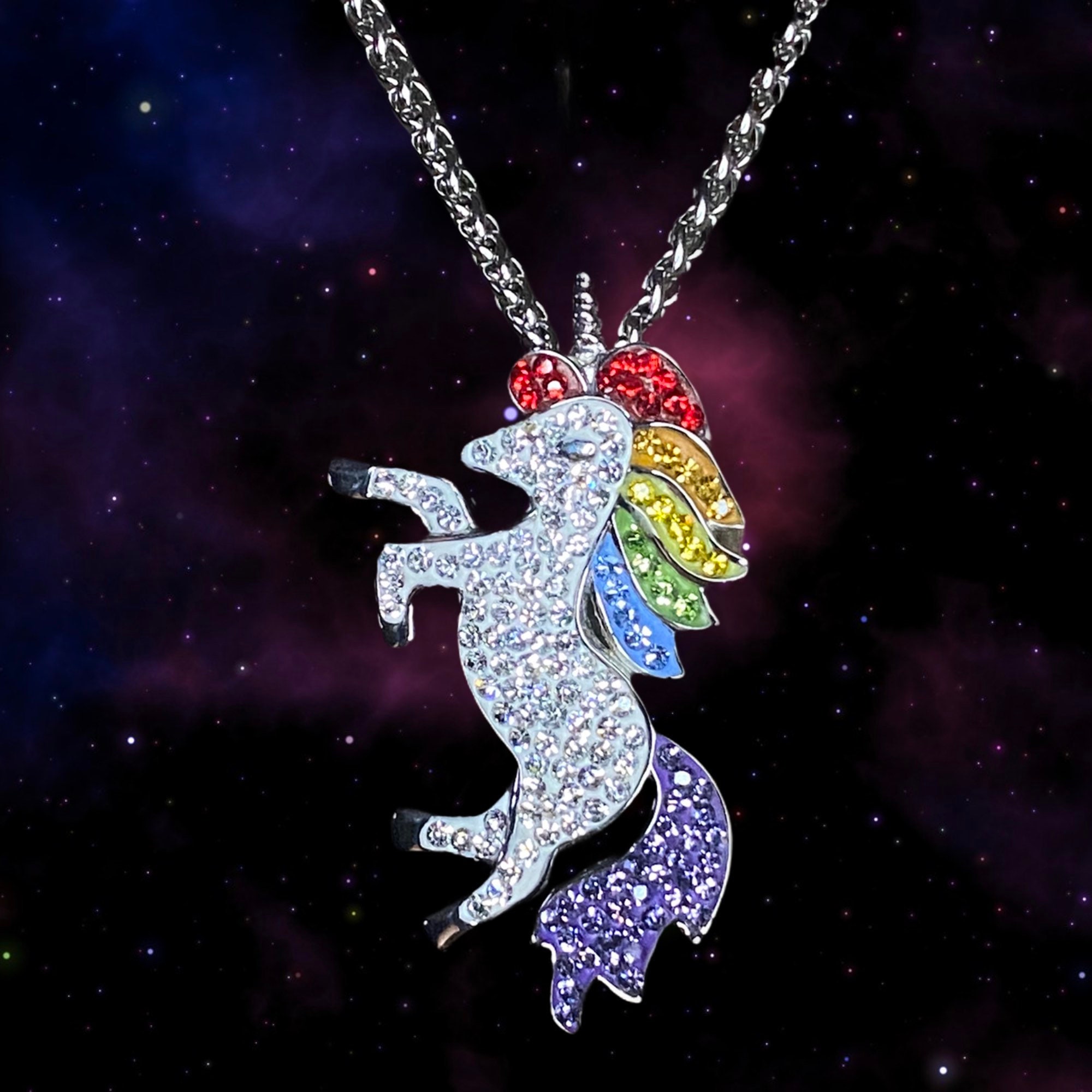 Rainbow Gem Unicorn Pendant With Chain Etsy