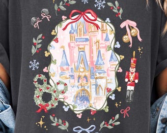 Comfort Colors Christmas Disneyland Castle Tee, Coquette Bows Shirt