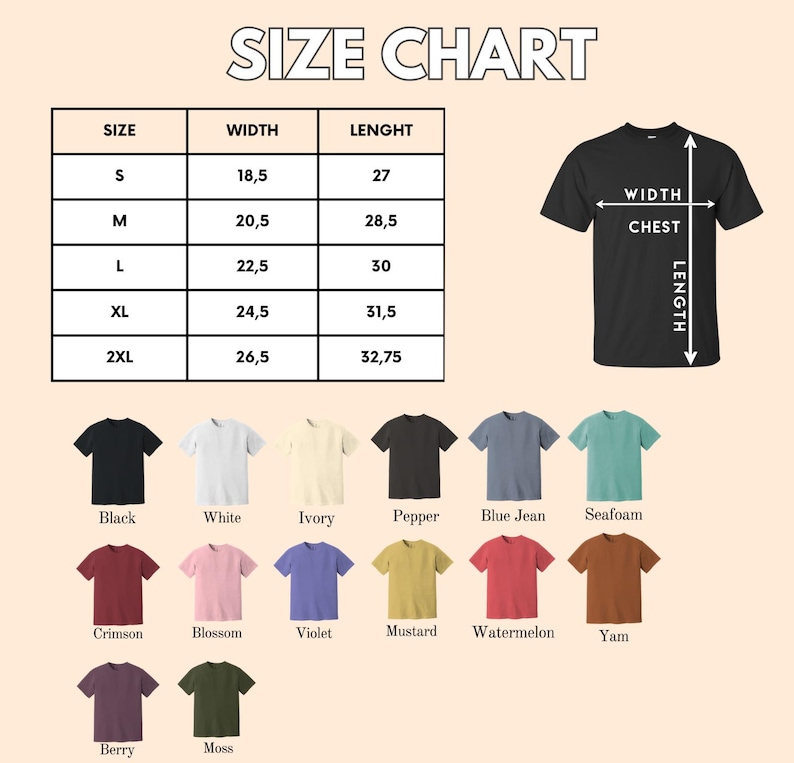 May include: Size chart for t-shirts with measurements in inches for width and length.  The chart shows sizes S, M, L, XL, and 2XL.  The chart also shows a black t-shirt with the measurements labeled for width (chest) and length.
