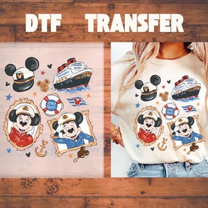 May include: DTF transfer featuring nautical Mickey Mouse designs. Includes Mickey in a sailor hat, a cruise ship, and framed portraits of Mickey in sailor attire. Also includes a life preserver and anchor.