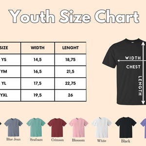 May include: Youth size chart for t-shirts with measurements in inches for width and length. The chart shows sizes YS, YM, YL, and YXL. The chart also shows a black t-shirt with measurements for width and length.