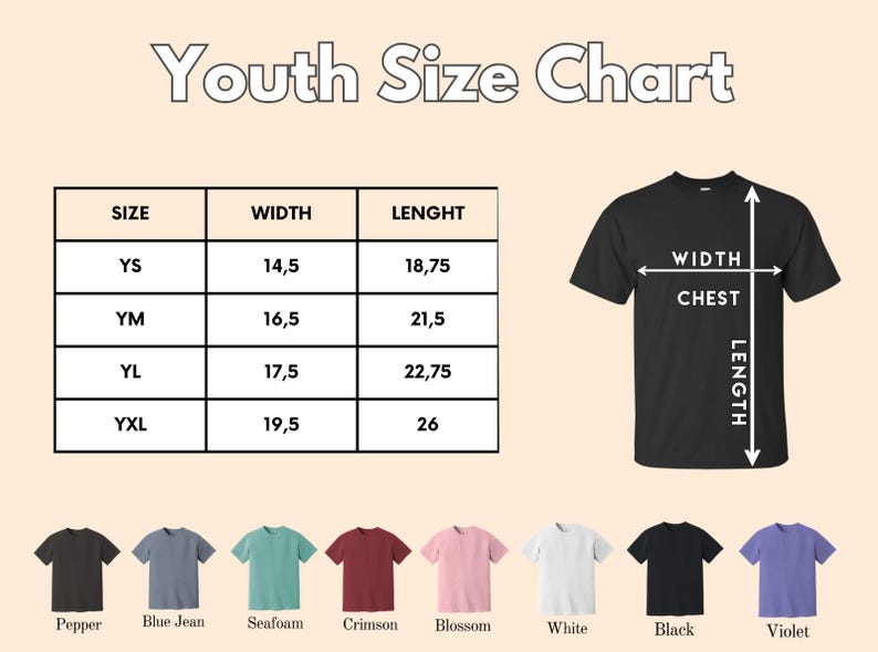 May include: Youth size chart for t-shirts with measurements in inches for width and length. The chart shows sizes YS, YM, YL, and YXL. The chart also shows a black t-shirt with measurements for width and length.