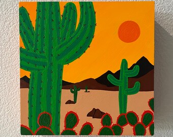 Original painting — acrylic on 8x8x2” wooden panel — Desert Life — no need to frame — hang or set on hard surface to enjoy this artwork!