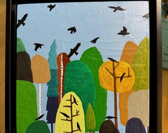 Original panting “Gentle Canopy” - varnished acrylic on wood panel - set in a 9.5x9.5” black floater frame - ready to hang on wall to enjoy!