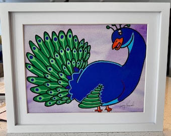 Original artwork— watercolor & acrylic on 9x12” archival paper — “Fancy Feathers” — matted in a 12x15” white wooden frame — ready to hang!