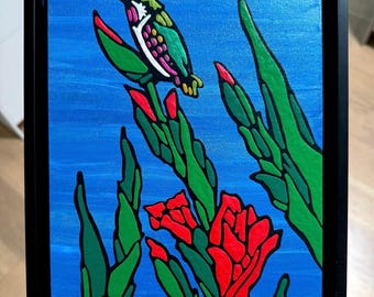 Original painting “The Nector Keeper II” - varnished acrylic on wood panel - set in a black 9.5x11.5” floater frame - ready to hang on wall!