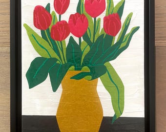 Original floral artwork - varnished acrylic on wood panel - "Tulips" — in a 9.5x11.5" gold floater frame - ready to hang on wall to enjoy!