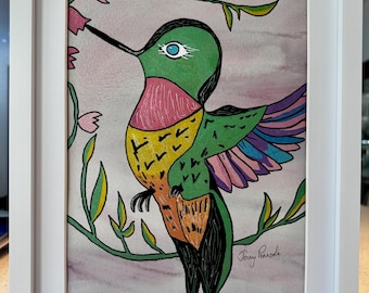 Original artwork— watercolor on 9x12” archival paper — “Shimmering Hummingbird” — matted in a 12x15x2” white wooden frame — ready to hang!
