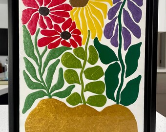 Original artwork - varnished acrylic on wood panel - "Wildflowers" — in a 9.5x11.5" black floater frame - ready to hang on wall to enjoy!