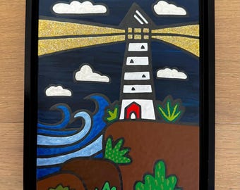 Original painting “Lighthouse” - varnished acrylic on wood panel - set in a 9.5x11.5” black floater frame - ready to hang on wall to enjoy!