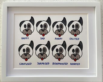 Original artwork - oil and colored pencil on 11x14” archival paper - “Emotions of Dog V” - matted in a 12x15” white wood frame with glass!