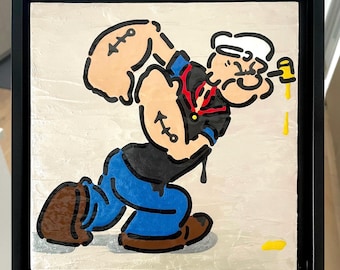 Original artwork - varnished acrylic on wood panel - "Popeye" — in a 9.5x9.5" black floater frame - ready to hang on wall to enjoy!