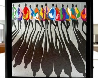 Original artwork - varnished acrylic on wood panel - "Unity - Silver" - in a 9.5x9.5” black floater frame - ready to hang on wall to enjoy!