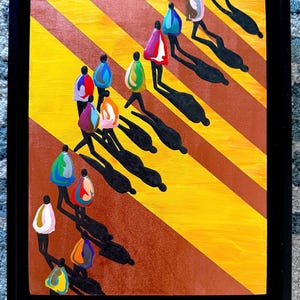 May include: Abstract painting in a black frame. The artwork features figures with colorful tops walking across yellow and brown diagonal stripes. Long black shadows are cast by the figures, creating a sense of movement and depth.