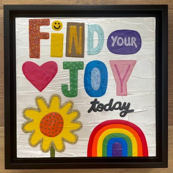 Original artwork - acrylic on wood panel - "Joy" — in a 9.5×9.5" black floater frame - ready to hang on wall to enjoy this fun, happy piece!