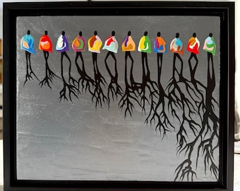 Original painting - “Rooted Together” - varnished acrylic on wood panel - set in a 9.5x10.5” black floater frame. Ready to hang on wall!