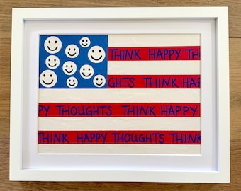 Original artwork - varnished acrylic on 9x12” canvas - “Think Happy” - matted in a 12x15x2” white wooden frame - ready to hang on wall!