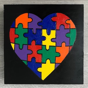 Original painting — acrylic on 8x8x1.5” wood panel — “puzzle” — hang on wall or set on hard surface to enjoy this autism awareness piece!