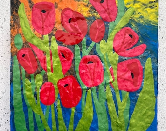 Original artwork — heavily varnished acrylic painting on 8x8x1.5” wood panel —  ”Tulips - To The Sky”—ready to hang or place on surface!