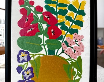 Original artwork - varnished acrylic on wood panel - "Wildflowers in Vase" — in a 9.5x11.5" black floater frame - ready to hang on wall!