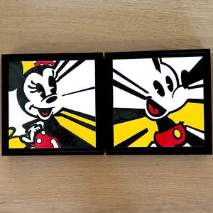 Original painting - varnished acrylic on TWO wood panels - "Mickey & Minnie" - both in a 9.5x9.5" black floater frame - ready to hang!