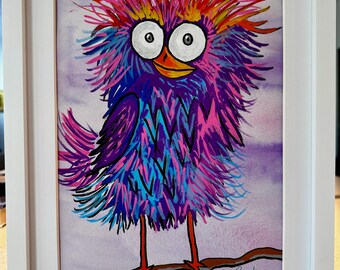 Original artwork— watercolor & acrylic on 9x12” archival paper — “Ditzy Doodlebird” — matted in 12x15x2” white wooden frame — ready to hang!